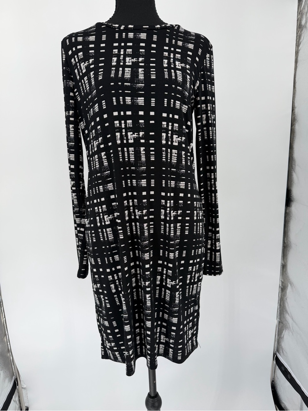 Michael Kors‎ Black & White Grid Print Long Sleeve Dress